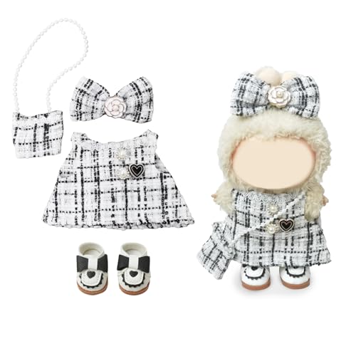 NEOVISTA Clothes Compatible with LABUBU Doll 4PCS Elegant Tweed Set 17cm Doll Clothes Designer Outfit for Classic Monochrome Theme Chic Stylish Accessories for Labubu No Doll Coco White Check - Image 1