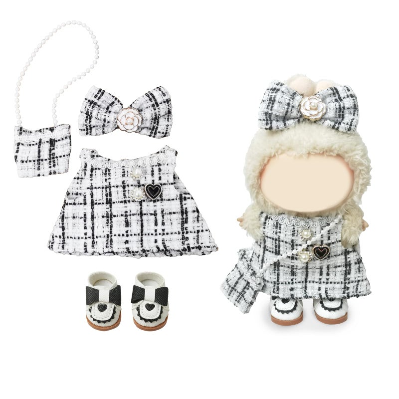 NEOVISTA Clothes Compatible with LABUBU Doll 4PCS Elegant Tweed Set 17cm Doll Clothes Designer Outfit for Classic Monochrome Theme Chic Stylish Accessories for Labubu No Doll Coco White Check - Image 2