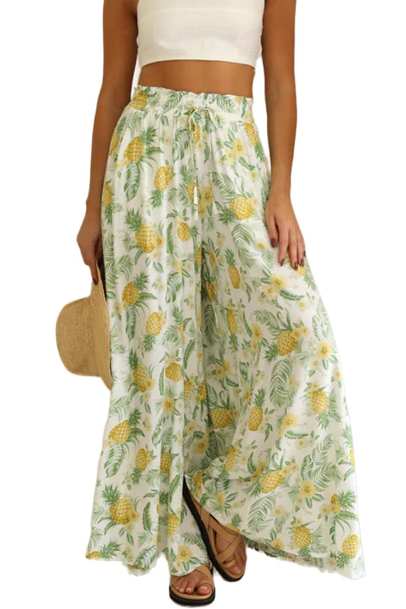 YOCUR Summer High Waisted Pants for Women Beach Vacation Wide Leg Pants Printed Loose Flowy Palazzo Lounge Trousers Yellow XL - Image 1