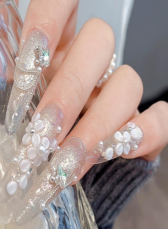 DANNEASY Flowers Nail Charms 3D Resin White Petals Charm Pearls Claer Nail Rhinestones Gems Diamond Crystal Floral Nail Art Charms Spring Summer Nail Decorations for Women Nails Supplies - Image 2