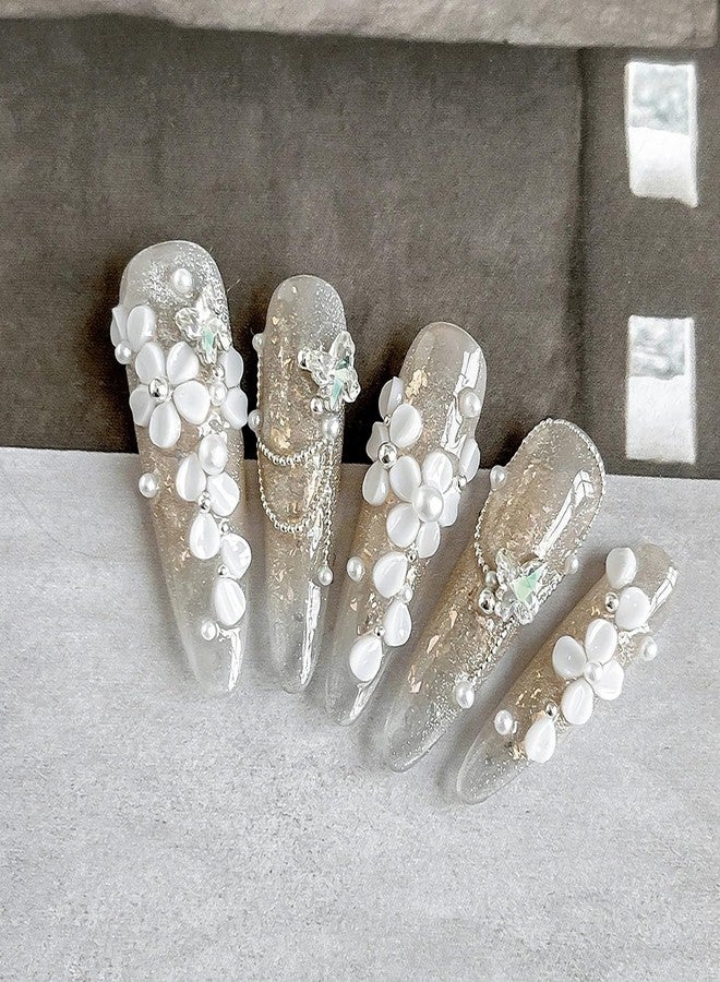 DANNEASY Flowers Nail Charms 3D Resin White Petals Charm Pearls Claer Nail Rhinestones Gems Diamond Crystal Floral Nail Art Charms Spring Summer Nail Decorations for Women Nails Supplies - Image 3