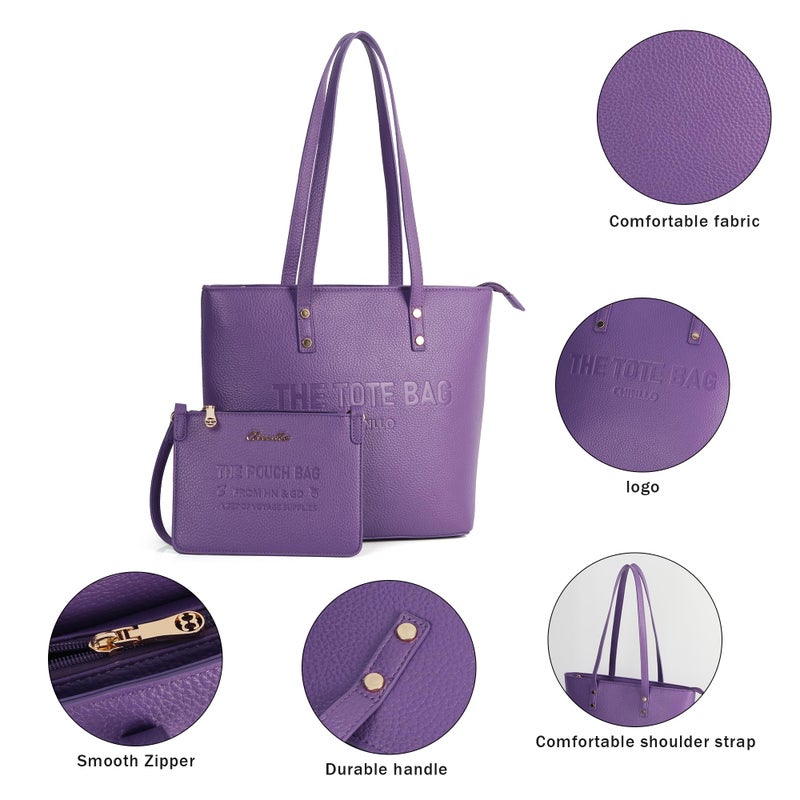 Chinllo Tote Bag for Women, Large Top Handle Handbags Purse Set with Clutch Bag (D.Purple) - Image 4