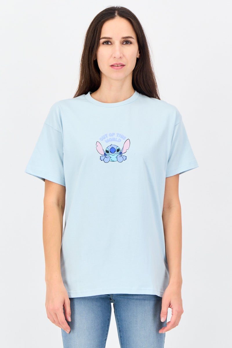 Disney Women Crew Neck Short Sleeve Graphic Print T-shirt, Pastel Blue - Image 1