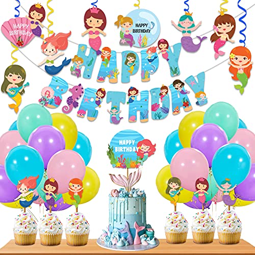 Festiko® Mermaid Theme Happybirthday Theme Party Decoration 53 Pcs Combo,Mermaid Themes Party Favors for Kids Birthday Decoration(Banner/Bunting & Balloons with Ribbons) - Image 4