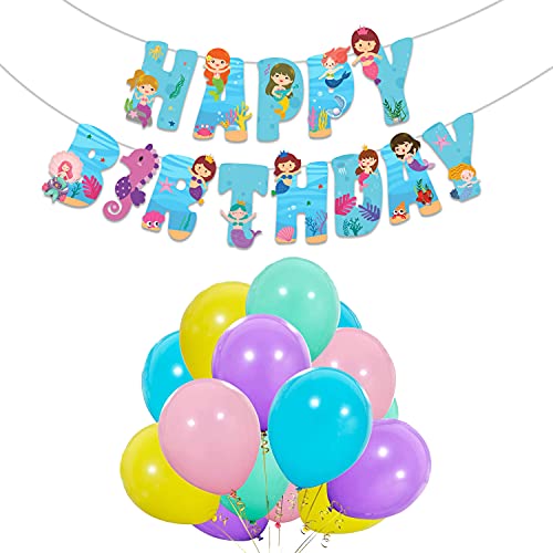 Festiko® Mermaid Theme Happybirthday Theme Party Decoration 53 Pcs Combo,Mermaid Themes Party Favors for Kids Birthday Decoration(Banner/Bunting & Balloons with Ribbons) - Image 1