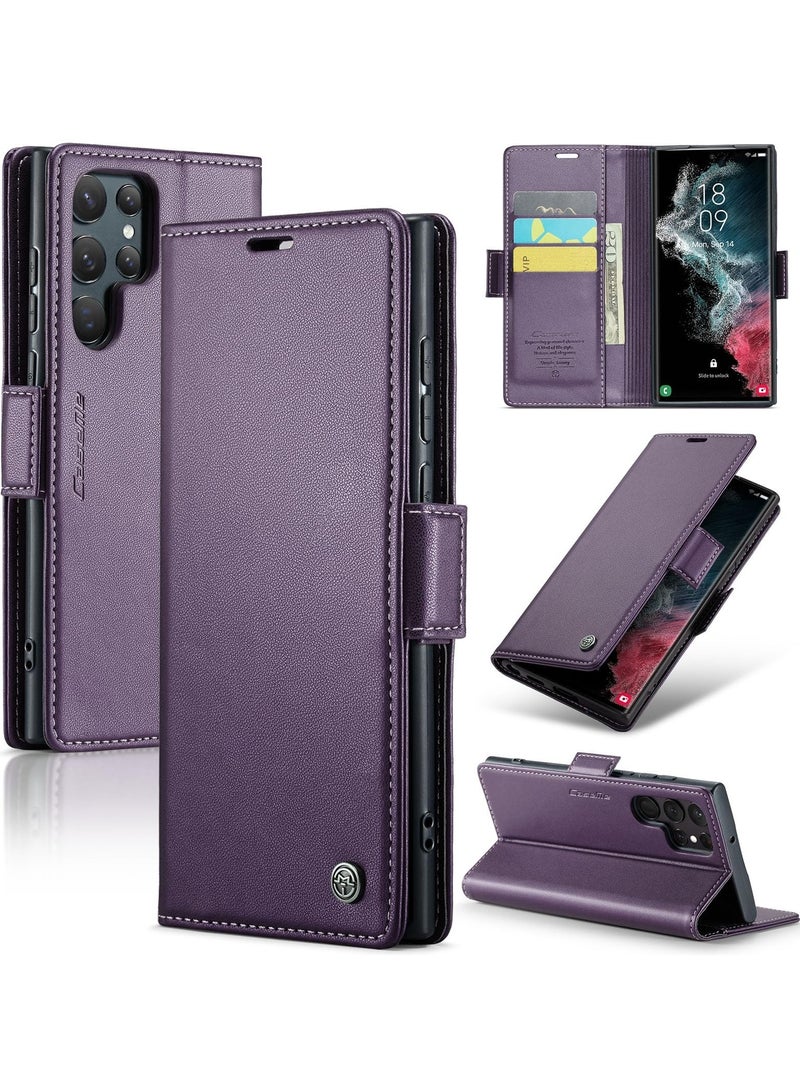 CaseMe Phone Case Luxury PU Leather Design Anti Fingerprint 023 Flip Cover Card Slot Holder Cover For Samsung Galaxy S22 Ultra (Purple) - Image 1