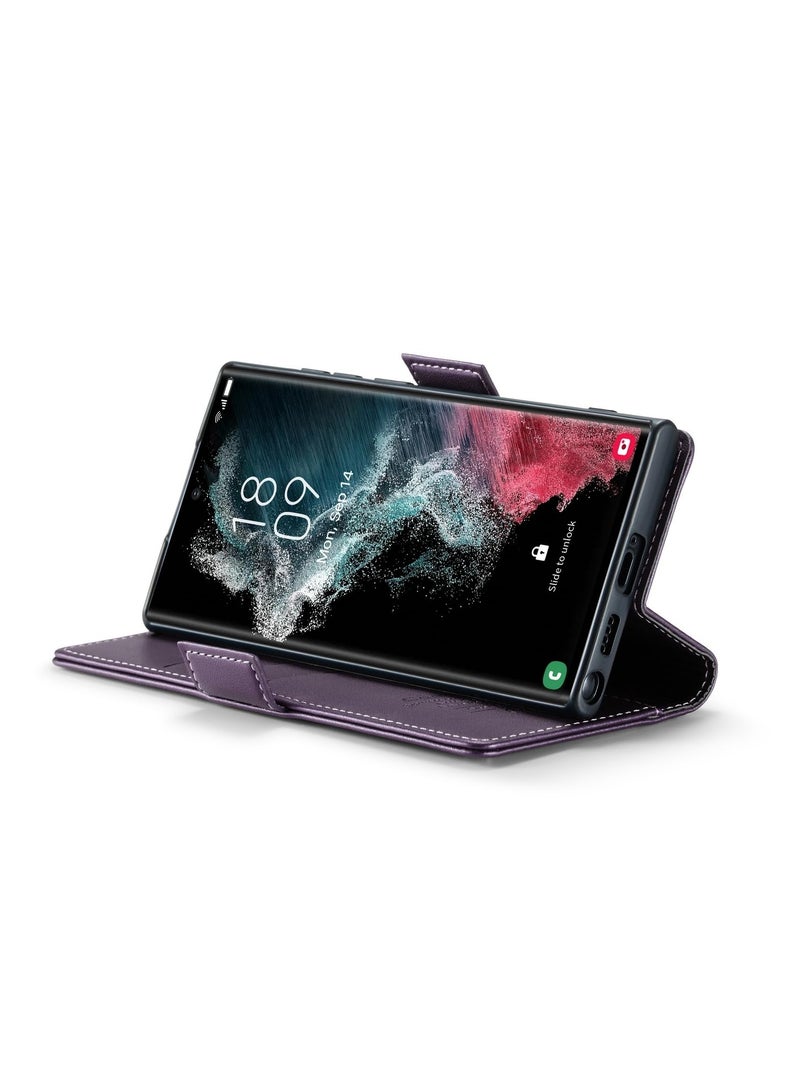 CaseMe Phone Case Luxury PU Leather Design Anti Fingerprint 023 Flip Cover Card Slot Holder Cover For Samsung Galaxy S22 Ultra (Purple) - Image 3