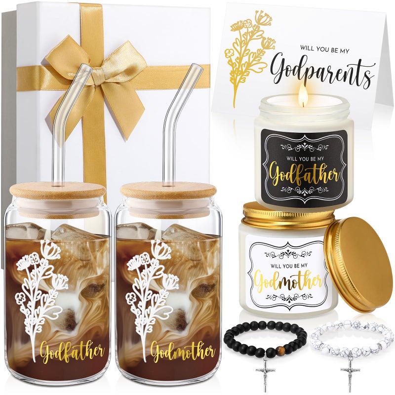 Yiyiring 9 Pcs Godparents Proposal Gift Set Will You Be My Godmother Godfather Glass Cup Scented Candle Cross Bracelet Cards Box from Godchild Baptism Padrino Madrina Uncle Aunt Gifts - Image 1