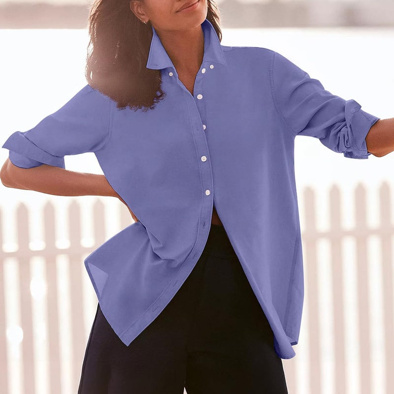 Aoudery Button Down Shirts for Women Cotton Oxford Shirts Long Sleeve Dress Shirts Collared Blouses Work Casual Solid Tunic Tops - Purplish Blue S - Image 3