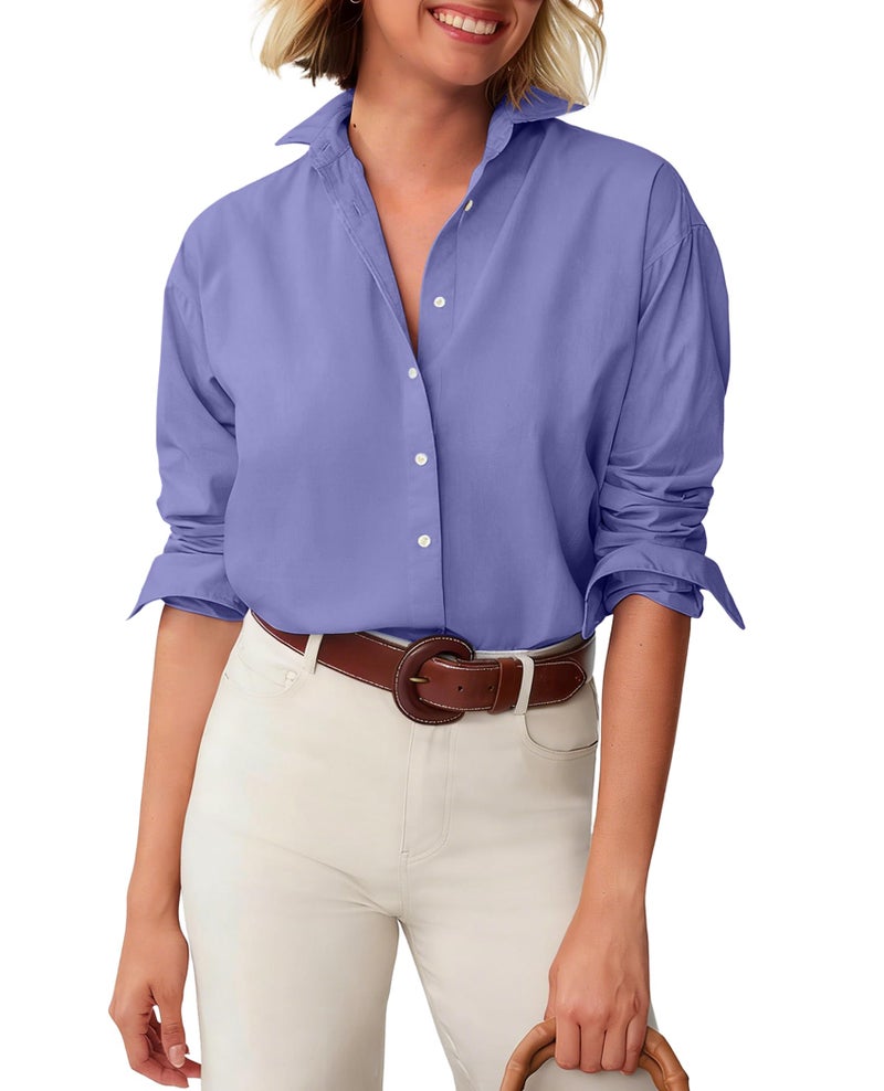 Aoudery Button Down Shirts for Women Cotton Oxford Shirts Long Sleeve Dress Shirts Collared Blouses Work Casual Solid Tunic Tops - Purplish Blue S - Image 4