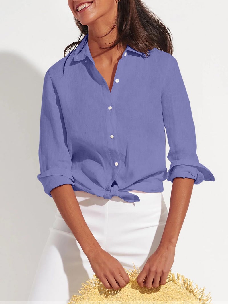 Aoudery Button Down Shirts for Women Cotton Oxford Shirts Long Sleeve Dress Shirts Collared Blouses Work Casual Solid Tunic Tops - Purplish Blue S - Image 2