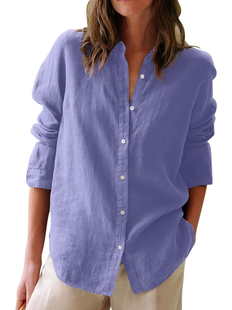 Aoudery Button Down Shirts for Women Cotton Oxford Shirts Long Sleeve Dress Shirts Collared Blouses Work Casual Solid Tunic Tops - Purplish Blue S - Image 1