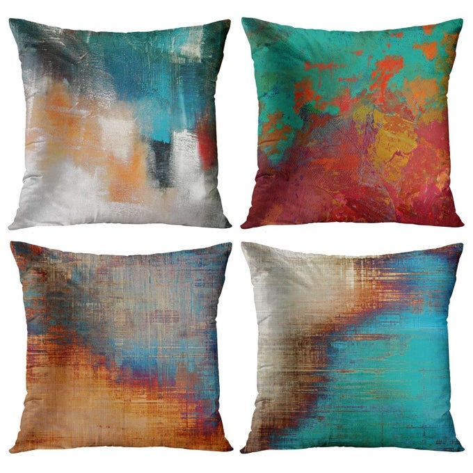 THROW PILLOW COVERS HOME DECOR SET OF 4 PILLOW CASES LIVING ROOM DECORATIVE 16 X 16 INCHES CUSHION COUCH SOFA PILLOWCASES MULTI ABSTRACT BLUE ORANGE PAINTING