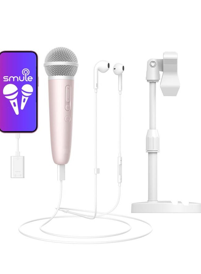 PUREMIC Singing Microphone with Earphone & Stand, Ideal for Vocal Recording, Podcasting, Live Streaming, Gaming, Compatible with Smule & Starmaker & Stingray, USB-C Dongle & Lightning Adapter, Pink - Image 1