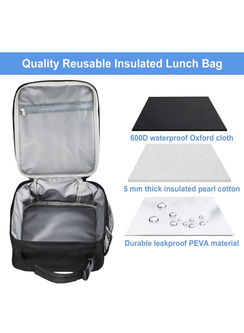 صندوق الغداء للرجال والنساء، حقيبة غداء معزولة، حقيبة غداء صغيرة للبالغين لنزهة العمل المكتبي - صندوق الغداء المحمول القابل لإعادة الاستخدام، أسود - Image 5