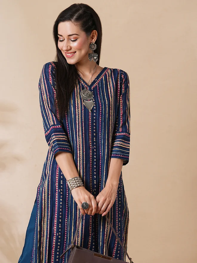 globus Striped Printed A-Line Kurta with Straight Palazzo Set