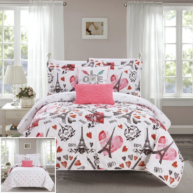 GRAND PALAIS 5 PIECE REVERSIBLE QUILT SET PARIS IS LOVE INSPIRED PRINTED DESIGN COVERLET BEDDINGDECORATIVE PILLOWS SHAMS INCLUDED SIZE QUEEN PINK