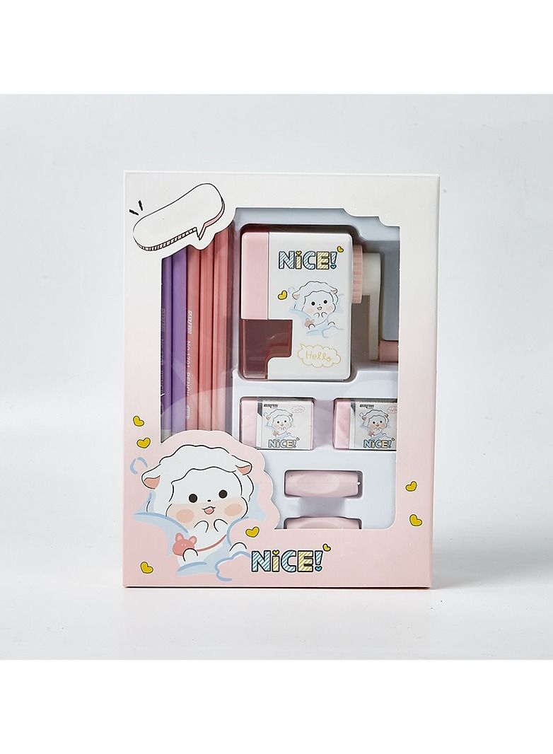 Generic Student Stationery Gift Box Stationery Set Pencil Sharpener and Pencil Set With 2 Erasers Pen Holders Opening Season Back to School Gift Box for Kids Pink 