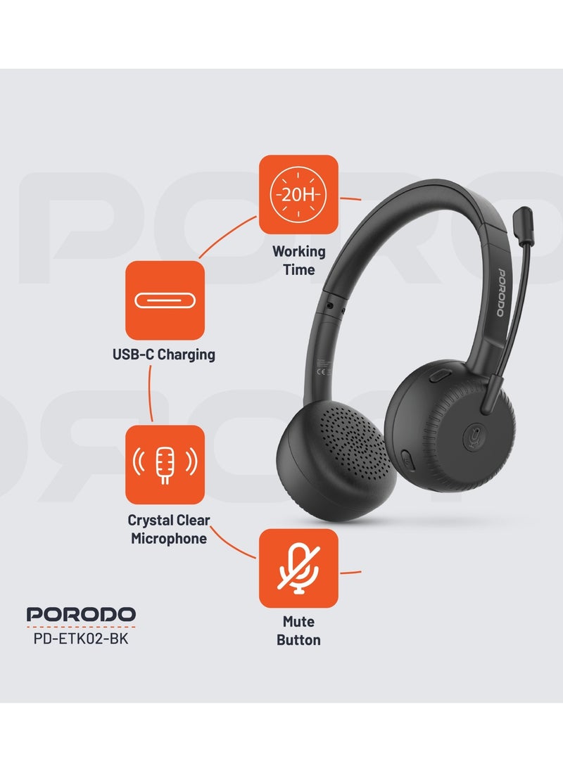 Office Wireless Headset with Crystal Clear Microphone and Mute Button / Comfortable Wear /Long Working Hours/ Perfect for Conference Calls Work and Media /Bluetooth Headset with Mic - Black