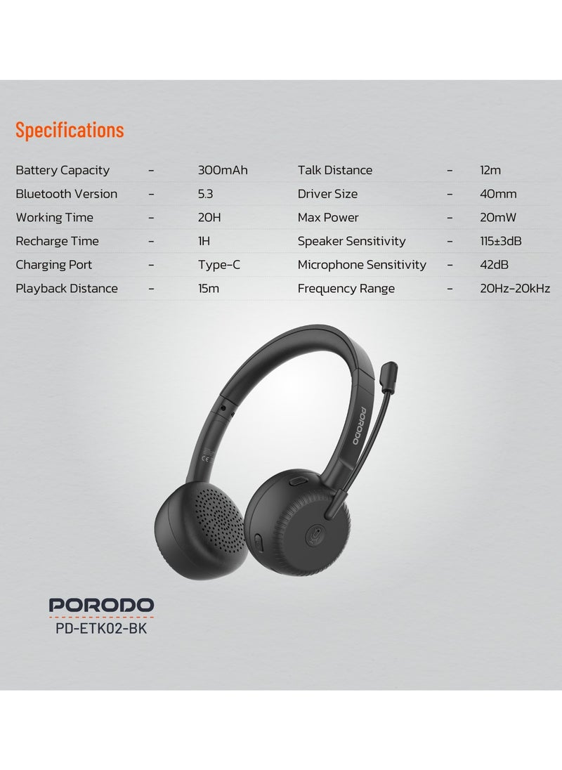 Office Wireless Headset with Crystal Clear Microphone and Mute Button / Comfortable Wear /Long Working Hours/ Perfect for Conference Calls Work and Media /Bluetooth Headset with Mic - Black