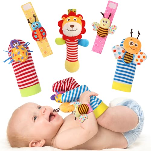 BLOOBLOOMAX Wrist Rattles Foot Finder Rattle Toy for 0-6 Months Baby, Feet Leg Ankle Socks Arm Hand Bracelet Shaker for 6-12 Months Infant boy & Girl, Gift Set for 0-3 Years Newborn Babies (5 pcs-F) - Image 1