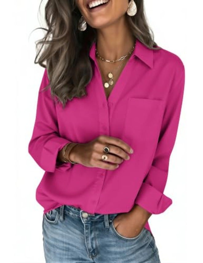 Zeagoo Women's Long Sleeve Button Down Shirt - Classic V-Neck, Solid Color, Stretch Fabric, Regular Fit, Versatile Office & Casual Top
