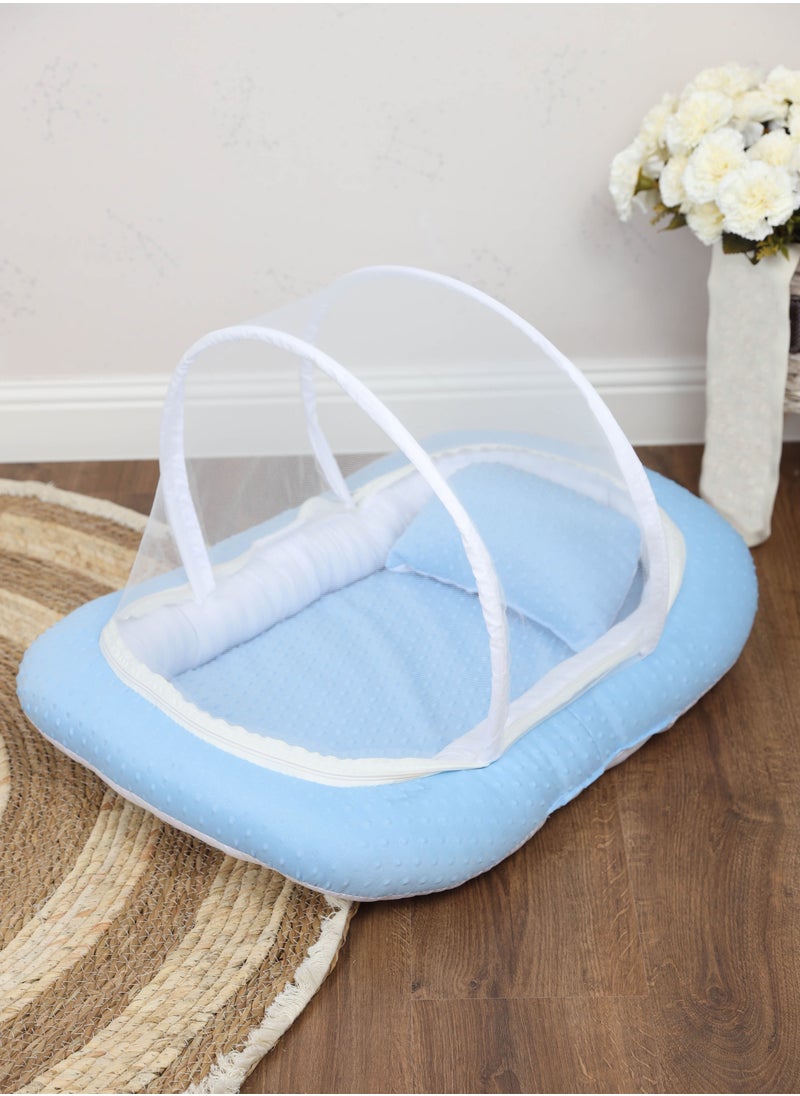 BABYCARA - Baby Net Bed with Thick Mattress Mosquito Net with Zip Closure & Neck Pillow for New Born 0-4 Months Babies - Image 1