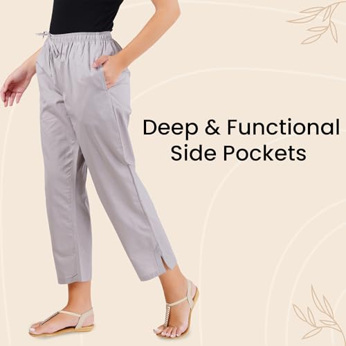 Happy Bunny Parallel Pants for Women 100% Cotton Ankle Length Trousers Regular Fit with Elastic Drawstring Stylish & Pockets Casual Formal Wear for Office & Home (SM, Allay Grey) - Image 3