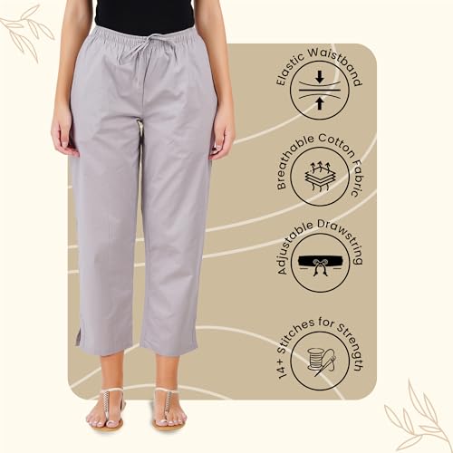 Happy Bunny Parallel Pants for Women 100% Cotton Ankle Length Trousers Regular Fit with Elastic Drawstring Stylish & Pockets Casual Formal Wear for Office & Home (SM, Allay Grey) - Image 2