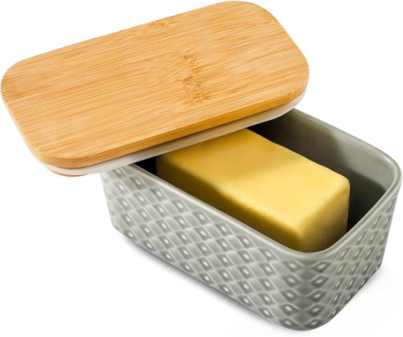 Hasense Ceramic Butter Dish with Wooden Lid, Large Butter Container for Countertop Airtight Butter Stick Covered Keeper,Grey Embossed Pattern,Easy Clean Dishwasher Safe - Image 1