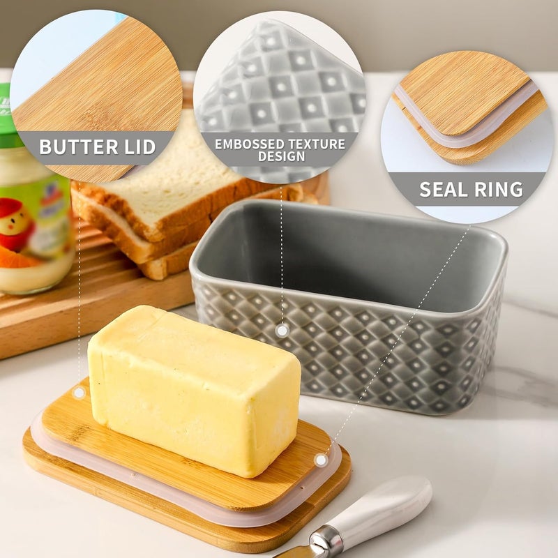 Hasense Ceramic Butter Dish with Wooden Lid, Large Butter Container for Countertop Airtight Butter Stick Covered Keeper,Grey Embossed Pattern,Easy Clean Dishwasher Safe - Image 4