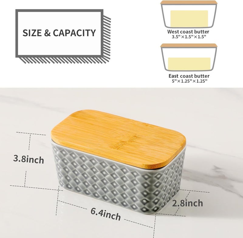 Hasense Ceramic Butter Dish with Wooden Lid, Large Butter Container for Countertop Airtight Butter Stick Covered Keeper,Grey Embossed Pattern,Easy Clean Dishwasher Safe - Image 3