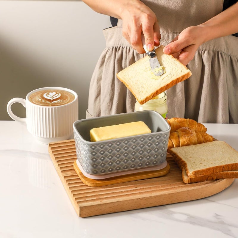 Hasense Ceramic Butter Dish with Wooden Lid, Large Butter Container for Countertop Airtight Butter Stick Covered Keeper,Grey Embossed Pattern,Easy Clean Dishwasher Safe - Image 2