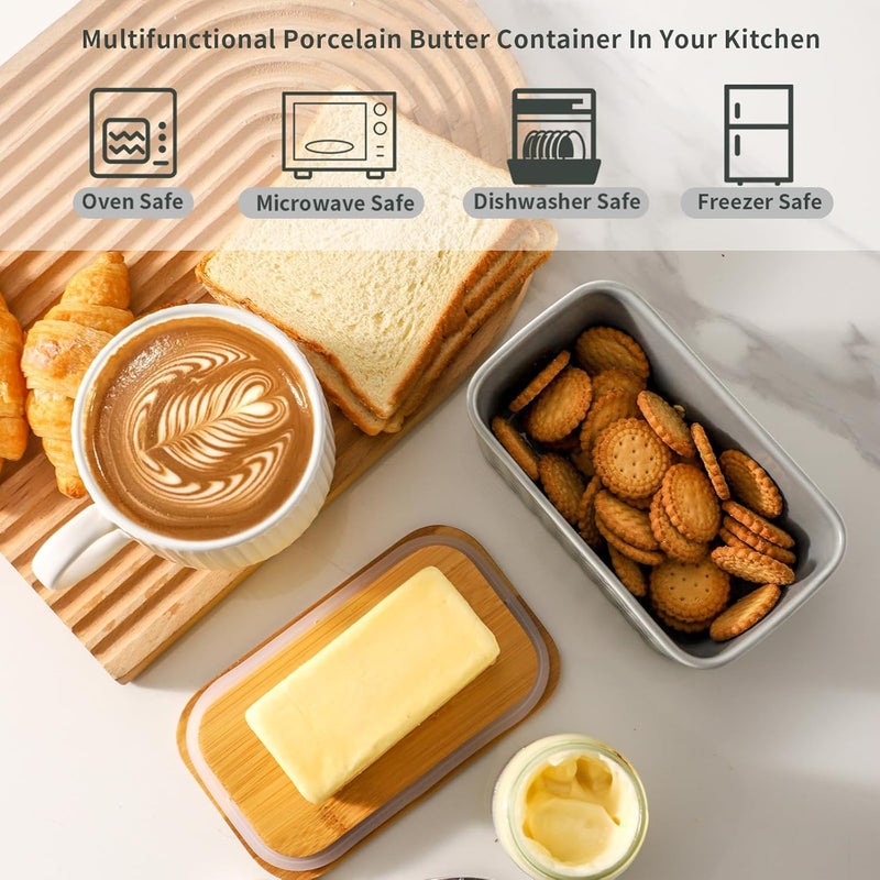 Hasense Ceramic Butter Dish with Wooden Lid, Large Butter Container for Countertop Airtight Butter Stick Covered Keeper,Grey Embossed Pattern,Easy Clean Dishwasher Safe - Image 5