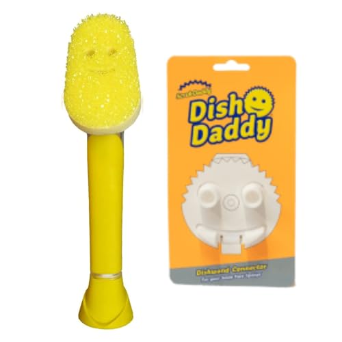Scrub Daddy Dish Daddy Wand  Connector Head Soap Dispensing Dish Brush Texture Changing Washing Up Sponge With Liquid Handle Handle Sponge with Builtin Scraper Scrubbing Head  Stand  Yellow