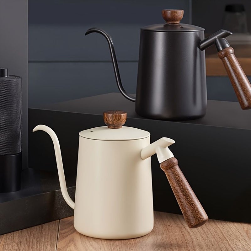 Black 20.29oz 304 Stainless Steel Goose Neck Pour Over Coffee Pot With Wood Handle - Image 1