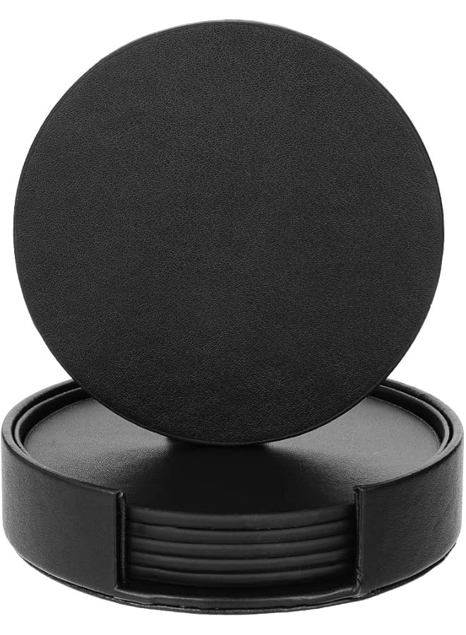 طقم 6 قطع من حوامل الأكواب الجلدية PU مع حامل، حوامل أكواب مشروبات دائرية، وسادات أكواب قهوة وشاي، حصيرة طاولة للمكتب المنزلي والمطبخ والبار، لحماية أثاثك من الخدوش والبقع وآثار الماء (أسود)