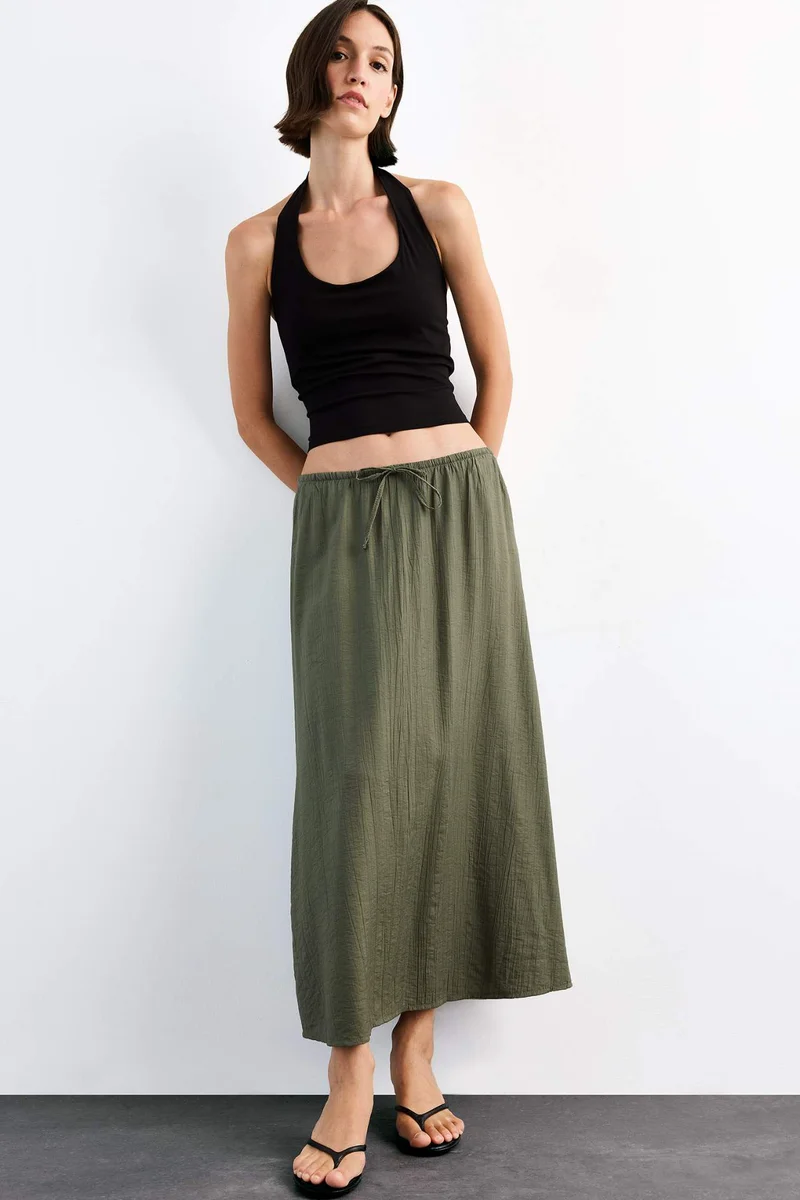 ديفاكتو Relax Fit Crinkle Fabric Elastic Band Ankle Length Skirt