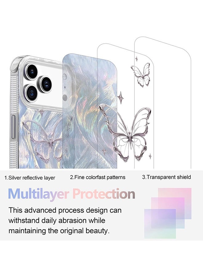 دبليو أف أف أو متوافق مع حقيبة iPhone 17 Pro Max - تصميم فراشة فضي لامع - حقيبة هاتف بنمط خيوط الريش - حقيبة هاتف واقية من الصدمات TPU - أنيقة وبسيطة - فضية - Image 2