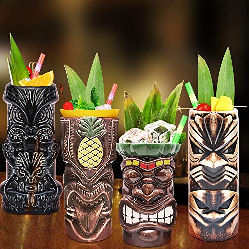LINALL Tiki Mugs Cocktail Set of 4 - Large Tumblers Ceramic Hawaiian Luau Party Mugs Drinkware, Cute Exotic Cocktail Glasses, Tiki Bar Professional Hawaiian Party Barware, TKSET0005… - Image 5