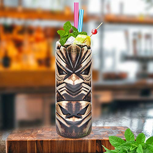 LINALL Tiki Mugs Cocktail Set of 4 - Large Tumblers Ceramic Hawaiian Luau Party Mugs Drinkware, Cute Exotic Cocktail Glasses, Tiki Bar Professional Hawaiian Party Barware, TKSET0005… - Image 3