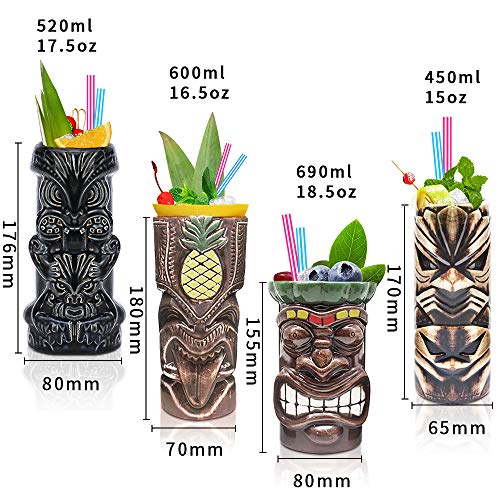 LINALL Tiki Mugs Cocktail Set of 4 - Large Tumblers Ceramic Hawaiian Luau Party Mugs Drinkware, Cute Exotic Cocktail Glasses, Tiki Bar Professional Hawaiian Party Barware, TKSET0005… - Image 2