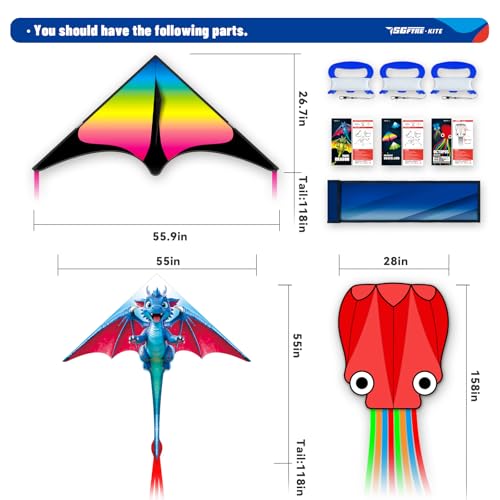 SGftre 3 Piece Set Butterfly Delta Octopus Kites for Kids and Adults，Easy to Fly for Outdoor Adults Children Line Kite for Kids Toy (Blue Dragon+ Delta+Octopus Red, 3) - Image 4