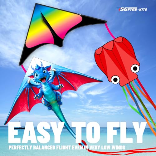 SGftre 3 Piece Set Butterfly Delta Octopus Kites for Kids and Adults，Easy to Fly for Outdoor Adults Children Line Kite for Kids Toy (Blue Dragon+ Delta+Octopus Red, 3) - Image 2