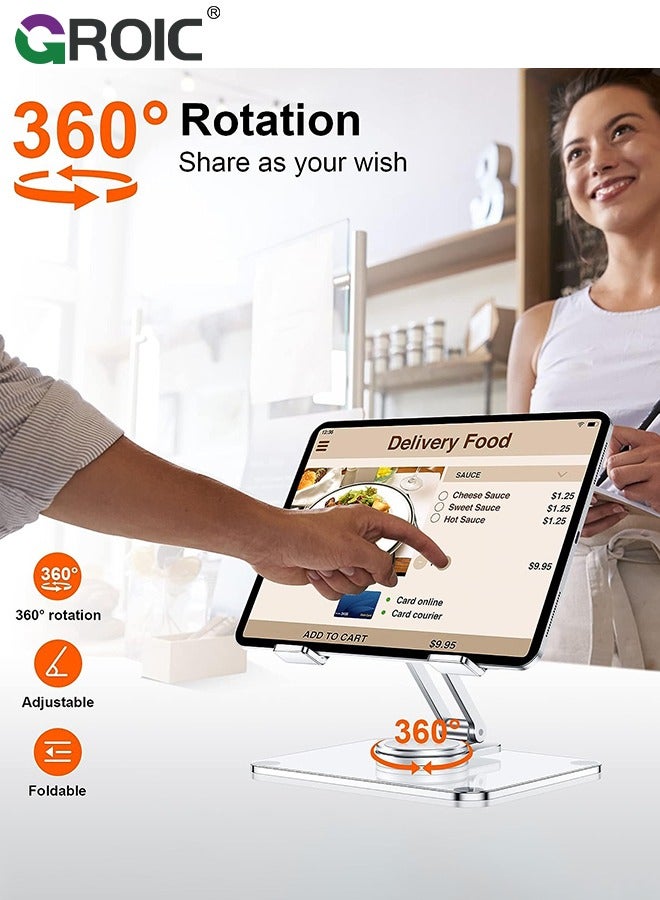 GROIC Clear Tablet Stand Holder with 360 Rotating Base, Foldable Adjustable Transparent Tablet Holder for Desk Home Office, Compatible with iPad Pro Air Mini and More  - Image 2