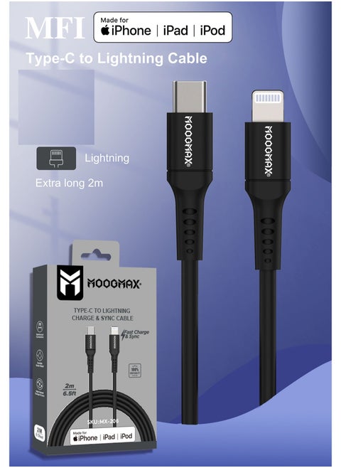 IPhone (lightning) to Type-C Cable Certified by Apple (MFI), 2Meters, supports fast charging (PD) and holding high temperatures. Black from Moogmax