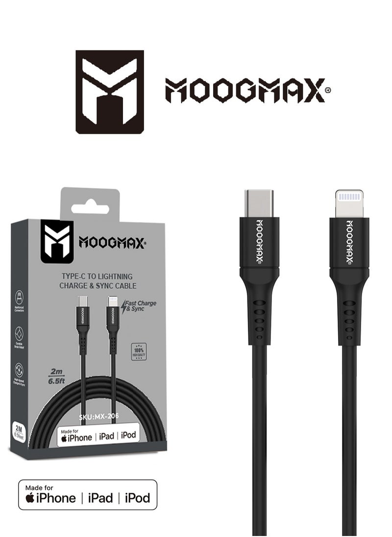 MOOGMAX - IPhone (lightning) to Type-C Cable Certified by Apple (MFI), 2Meters, supports fast charging (PD) and holding high temperatures. Black from Moogmax - Image 1