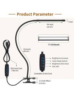 LOOPITYS 10W LED Desk Lamp with Clamp Dimmable Clip On Reading Light 10 Brightness Level 3 Lighting Modes Flexible Study Table Lamp USB  - Image 2