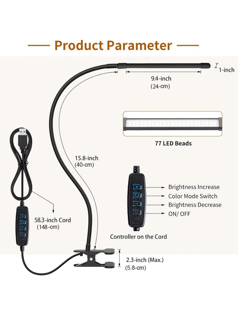 LOOPITYS - 10W LED Desk Lamp with Clamp Dimmable Clip On Reading Light 10 Brightness Level 3 Lighting Modes Flexible Study Table Lamp USB - Image 1