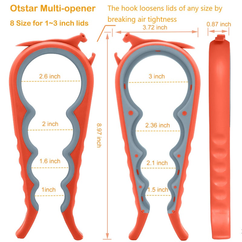 Otstar Jar Opener Bottle Opener and Can Opener for Weak hands, Seniors with Arthritis and Anyone with Low Strength, Mutil Jar Opener Get Lids Off Easily (Orange) - Image 2